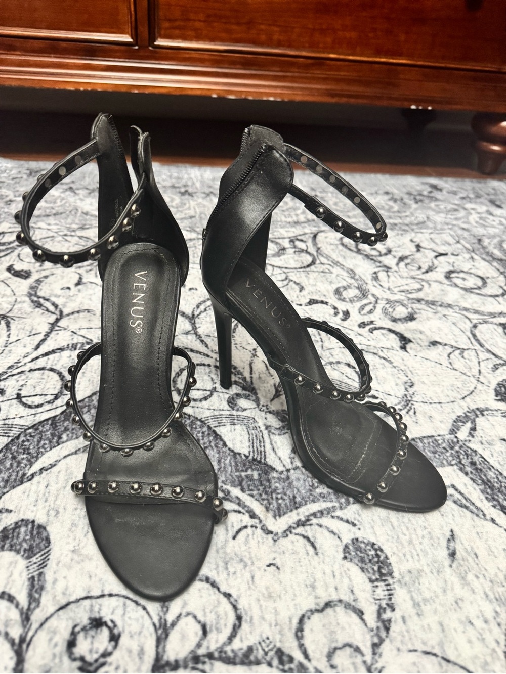 VENUS Black Studded High-Heel Ankle-Strap Sandals
